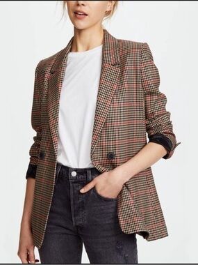 Anine Bing Womens Madeline Double-Breasted Plaid Blazer - Red/Black Houndstooth